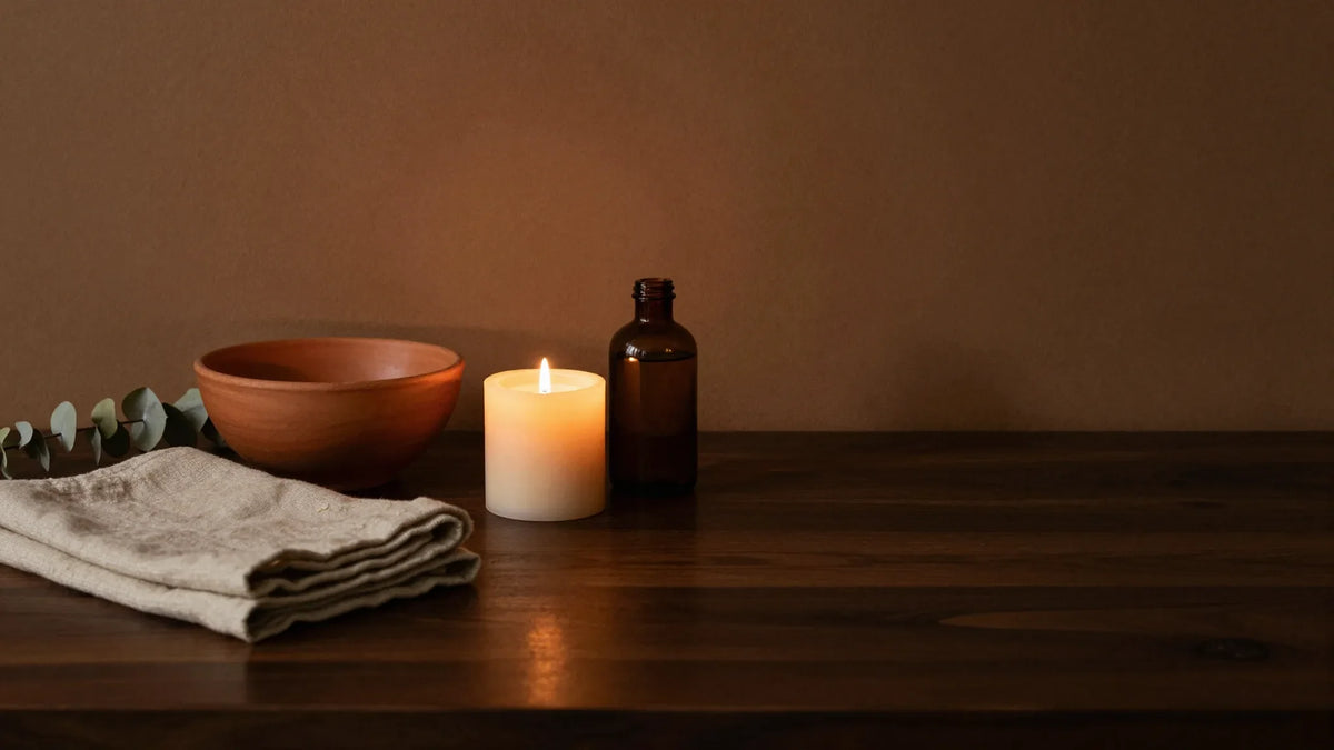 Lin, terre cuite et bougie sur une table en noyer