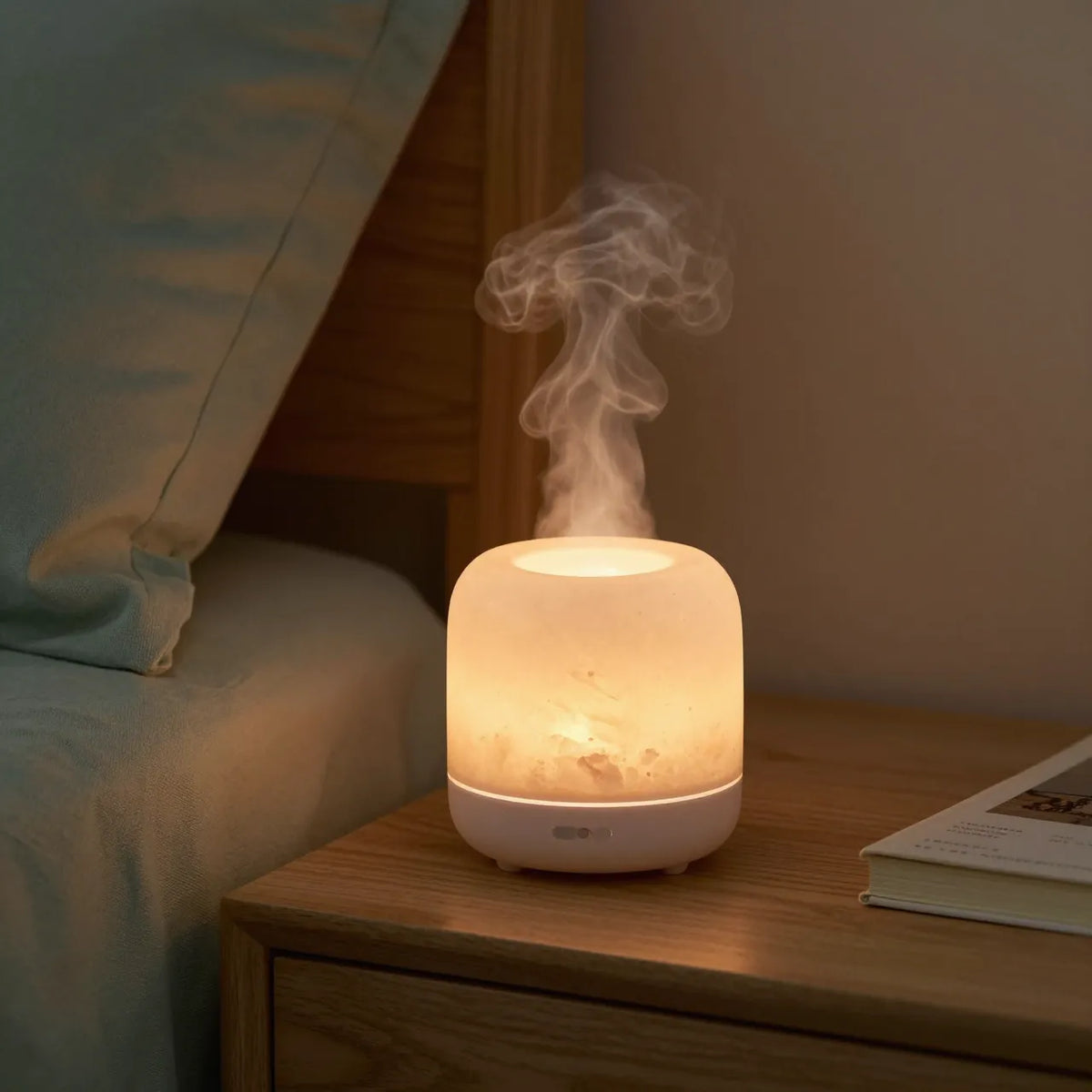 Diffuseur effet flamme sur table de chevet le soir — illustration d'ambiance non contractuelle