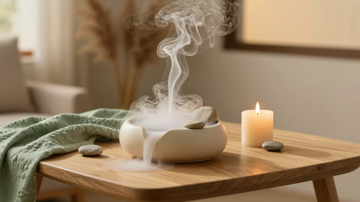 Fontaine à encens cascade de fumée dans un salon cosy au coucher du soleil — illustration d'ambiance non contractuelle